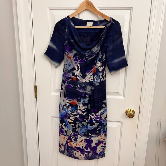 Anthropologie Coquille Blue Watercolor Wearable Art Silk Japonica Sheath Dress 0 - Picture 10 of 14